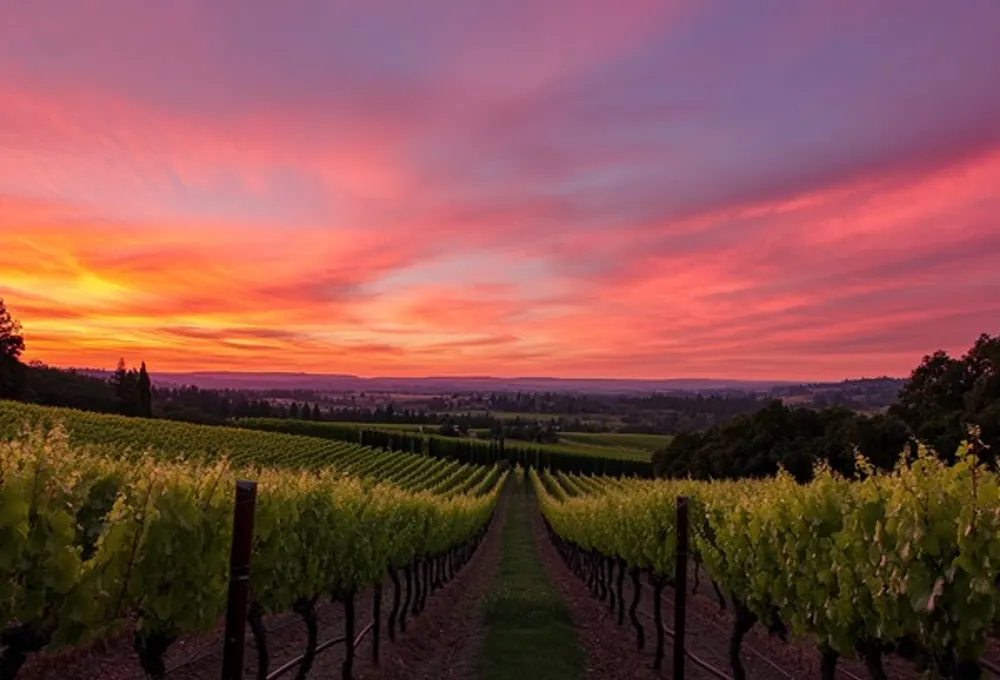 Rangs de vignes au coucher du soleil dans le vignoble