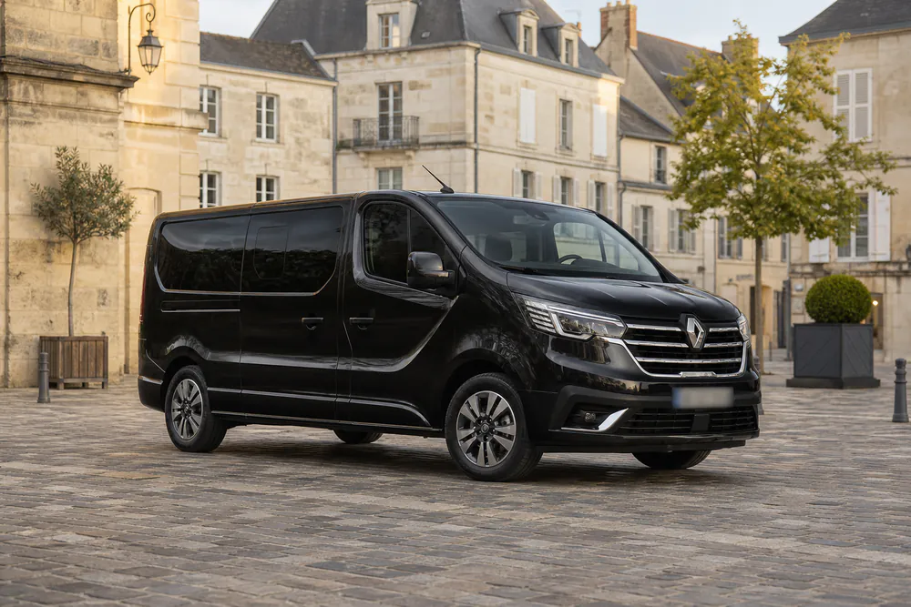 Van Renault noir de catégorie XL, plaque masquée